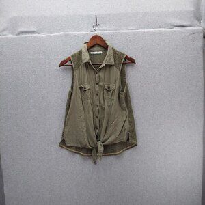 Sleeveless Olive Green Button Down Vest With Lace Back